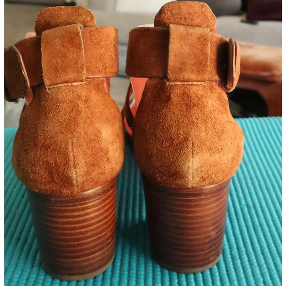 Belle Sigerson Morrison Tan Cognac Brown Suede Block Heel Sandal 8.5 B Boho Clog